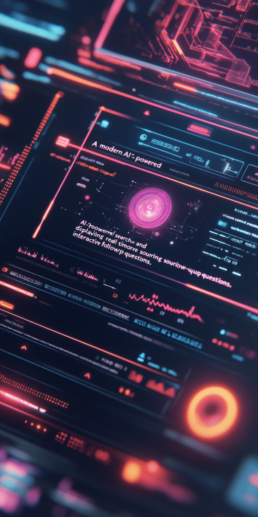 Nahaufnahme einer futuristischen Benutzeroberfläche mit neonfarbenen Grafiken und Texten auf einem dunklen Bildschirm, die eine KI-gesteuerte Interaktion zeigen.