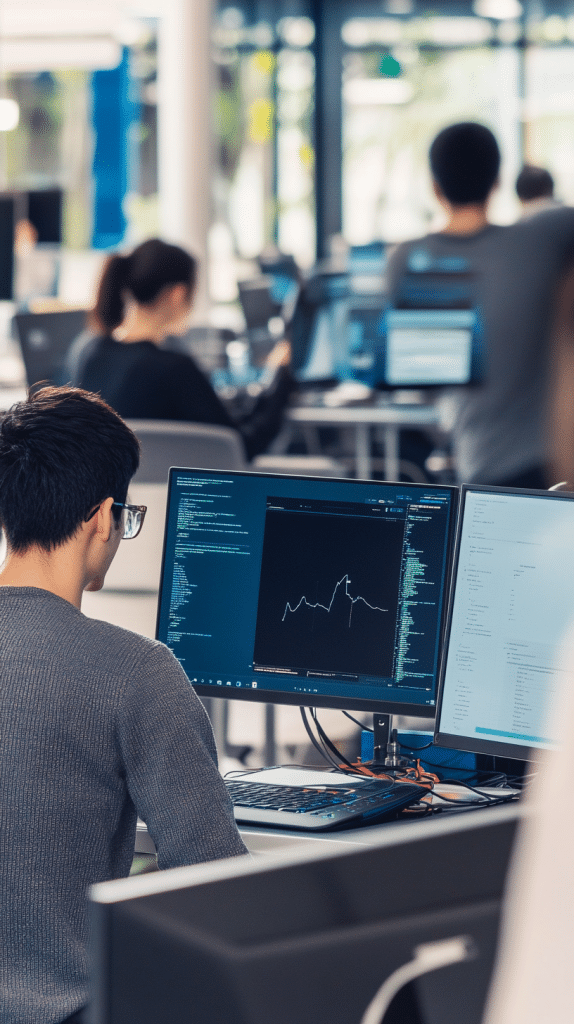 Ein Programmierer in einem modernen Büro arbeitet an zwei Monitoren, auf denen Codierung und ein Graph zu sehen sind.