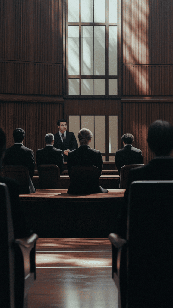 Ein Anwalt steht in einem Gerichtssaal und spricht zu den Zuhörern, die auf den Bänken sitzen.