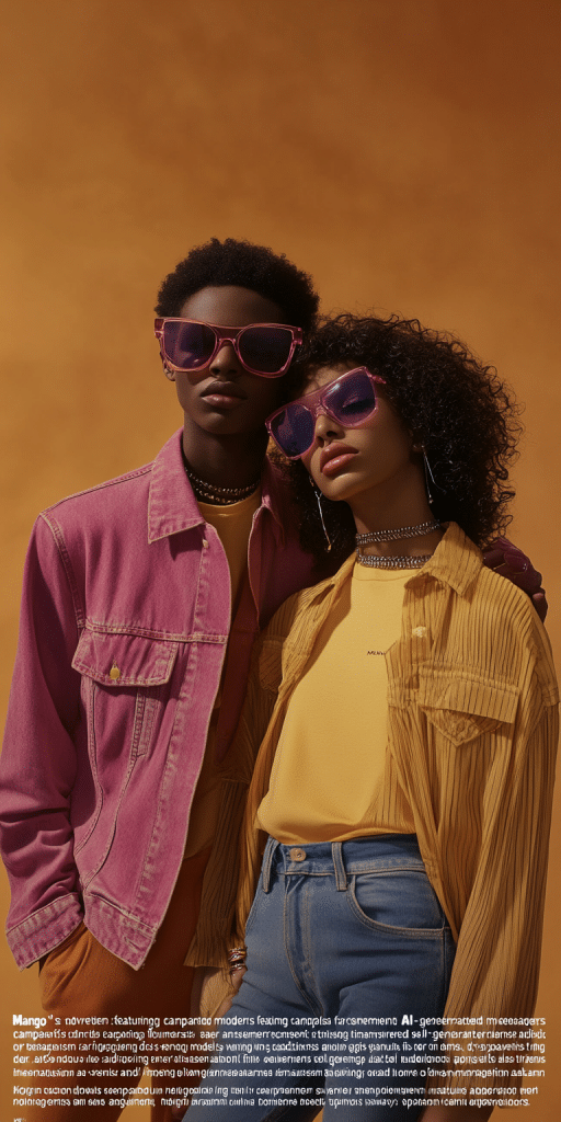 Zwei Modelle in farbenfroher Kleidung, eines in einer rosa Jacke und das andere in einer gelben Bluse, beide mit stylischen Sonnenbrillen, vor einem orangefarbenen Hintergrund