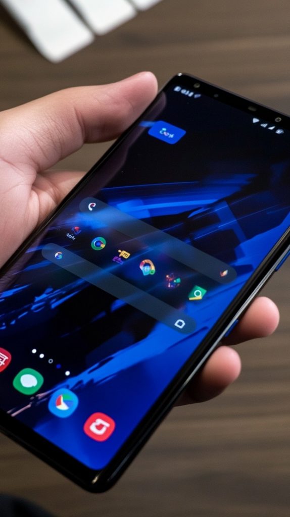 Nahaufnahme einer Hand, die ein modernes Smartphone hält, auf dem der Startbildschirm mit verschiedenen geöffneten Apps und einem dunklen Hintergrund angezeigt wird. Die Benutzeroberfläche ist scharf und klar dargestellt.