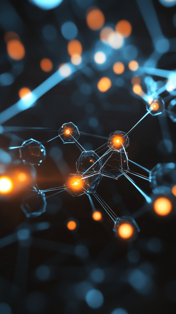 Detailed molecular structure with glowing orange nodes connected by thin lines in a dark background
