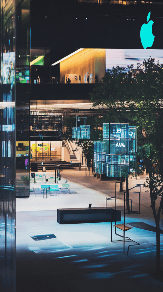 Außenansicht eines modernen Apple-Gebäudes bei Nacht mit einer beleuchteten Glasfassade und digitalen Displays.