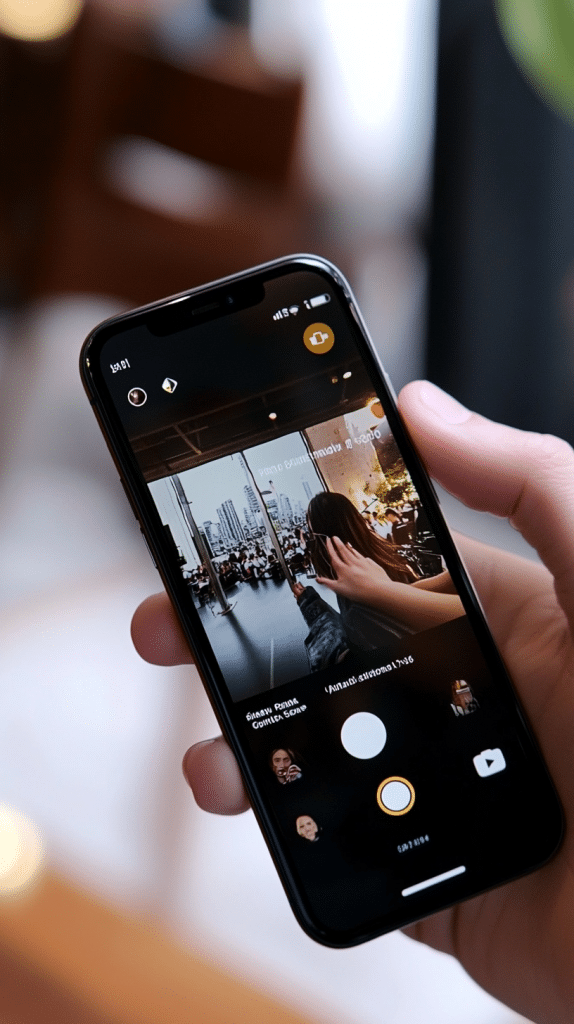 Hand hält ein Smartphone mit einer geöffneten Kamera-App, die ein Bild von einem Innenraum zeigt.