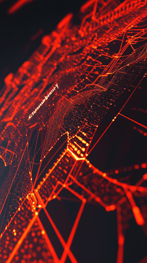 Abstrakte rote Datenvisualisierung mit vernetzten Linien und Punkten auf schwarzem Hintergrund.