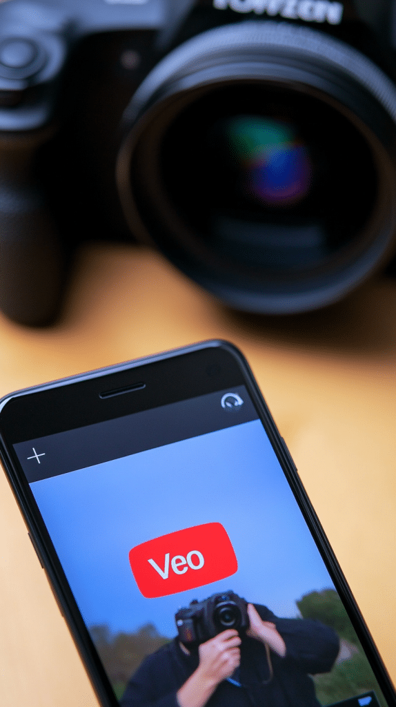 Nahaufnahme eines Smartphones mit dem "Veo"-Logo auf dem Bildschirm. Im Hintergrund ist eine Kamera zu sehen, die auf einem Tisch steht.