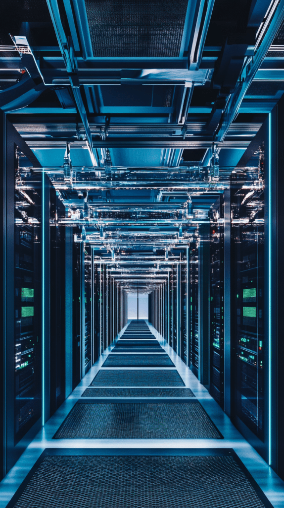 Gang in einem Rechenzentrum mit Server-Racks und blauer Beleuchtung.