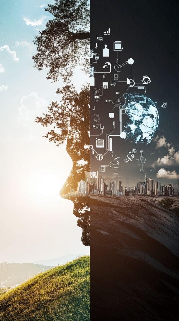 Eine Silhouette eines menschlichen Kopfes, dessen linke Seite aus Natur und dessen rechte Seite aus technologischen Elementen besteht.