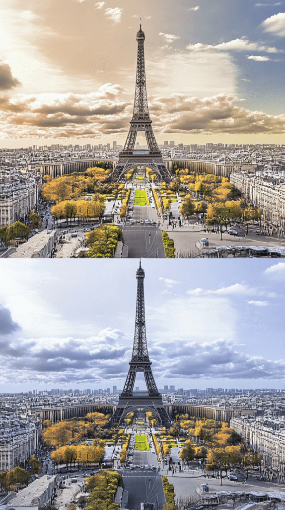Der Eiffelturm, einmal im warmen Sonnenlicht und einmal unter kaltem, blauem Himmel.