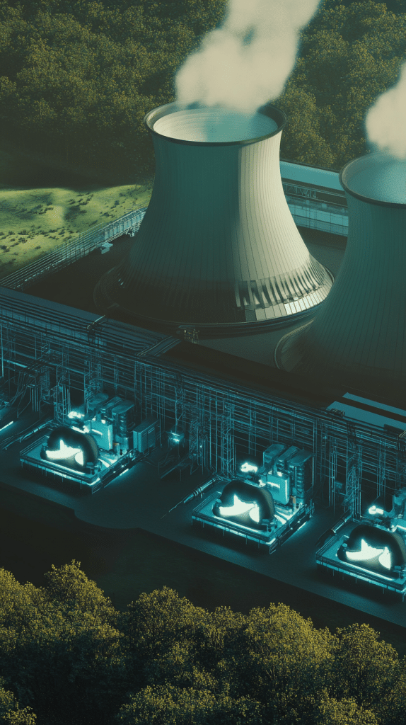 Kühltürme mit Dampfentwicklung und leuchtender Industrieanlage, eingebettet in eine Waldlandschaft.