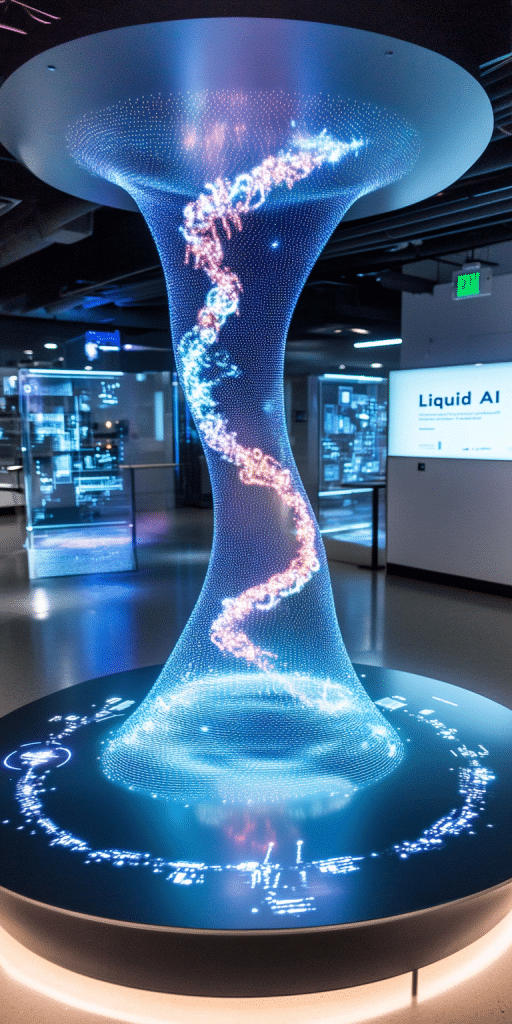 Eine futuristische Installation zeigt ein leuchtendes, spiralförmiges holografisches Objekt in einem modernen Ausstellungsraum mit der Aufschrift „Liquid AI“