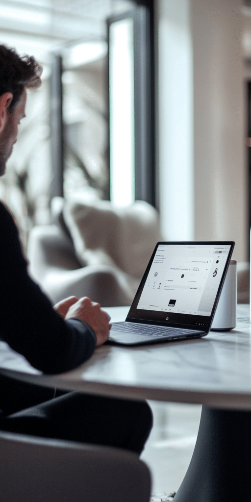 Ein Mann sitzt an einem Tisch in einem modernen Büro und arbeitet auf seinem Laptop an einer Benutzeroberfläche