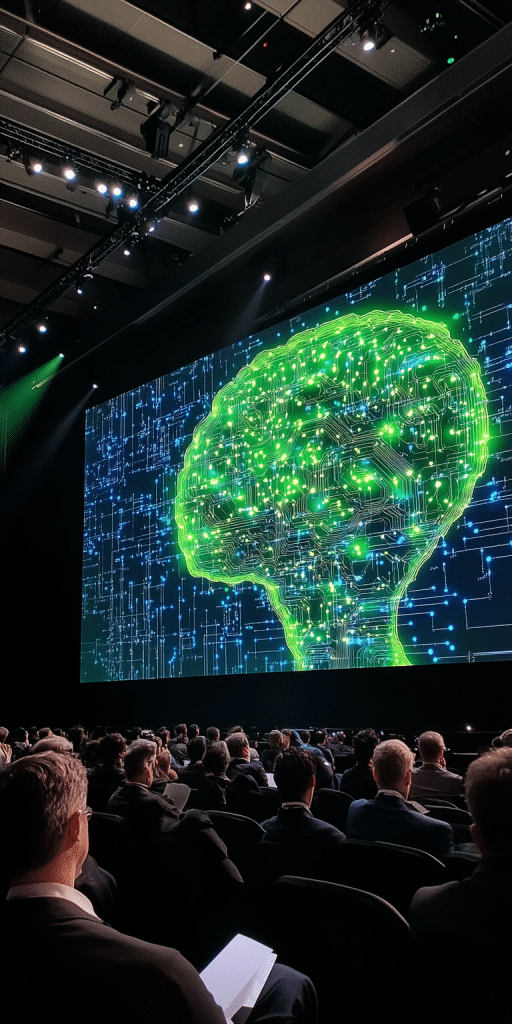 Eine große Gruppe von Konferenzteilnehmern sitzt in einem Auditorium und schaut auf eine beeindruckende Präsentation, die ein leuchtendes, digitales Gehirn zeigt