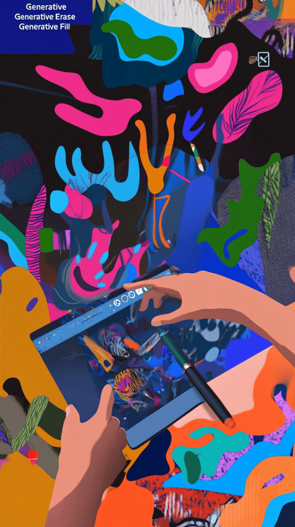 Eine Person nutzt ein Tablet und Stift, um mit KI-basierter Malsoftware bunte, abstrakte Kunst zu erstellen.