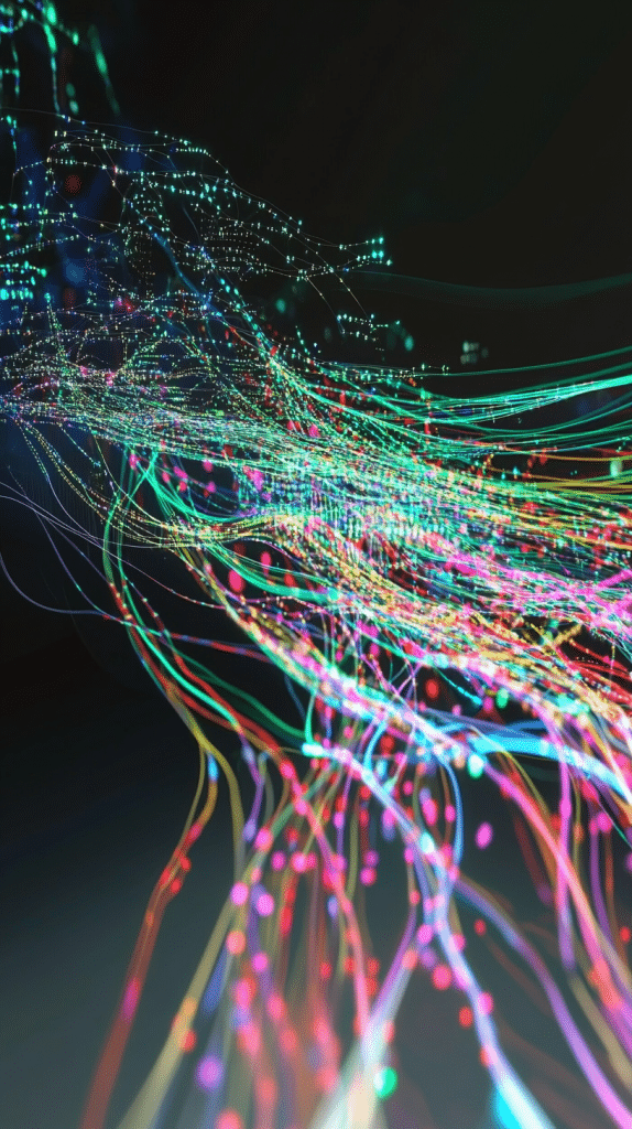 Mehrfarbige, leuchtende Linien, die wie Datenströme in der digitalen Welt fließen.