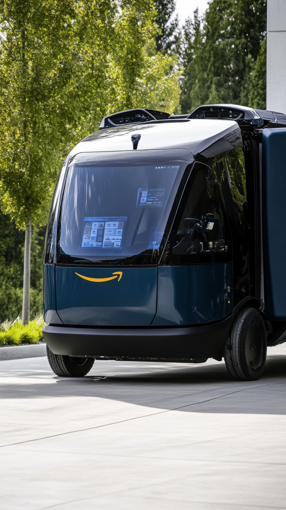 Nahaufnahme eines autonomen Lieferfahrzeugs mit digitalem Display im Vordergrund und Bäumen im Hintergrund.