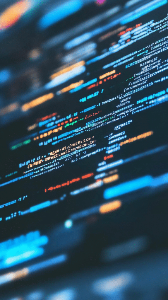 Nahaufnahme eines Computerbildschirms mit farbigem Programmiercode, der eine digitale und technische Atmosphäre darstellt.