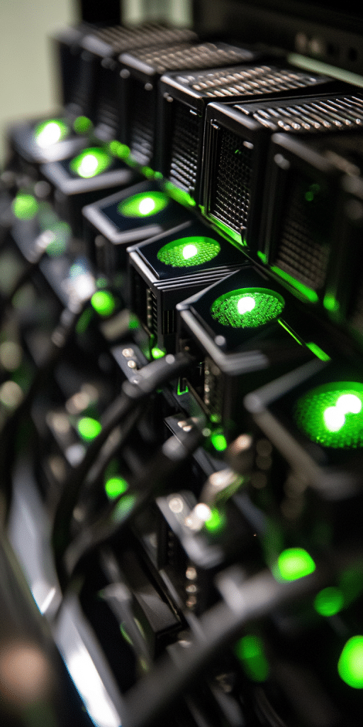 Nahaufnahme einer Servereinheit in einem Rechenzentrum, die grün leuchtet und durch mehrere Kabel verbunden ist.