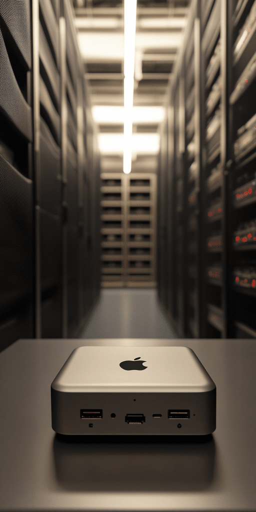 Ein Apple Mac Mini steht auf einem Tisch in einem Rechenzentrum, umgeben von hohen Server-Racks und moderner Beleuchtung.