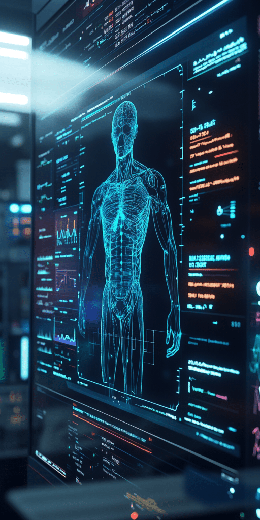 Ein holografisches Display zeigt die anatomische Darstellung eines menschlichen Körpers, begleitet von medizinischen Daten und Grafiken in einem Hightech-Labor.