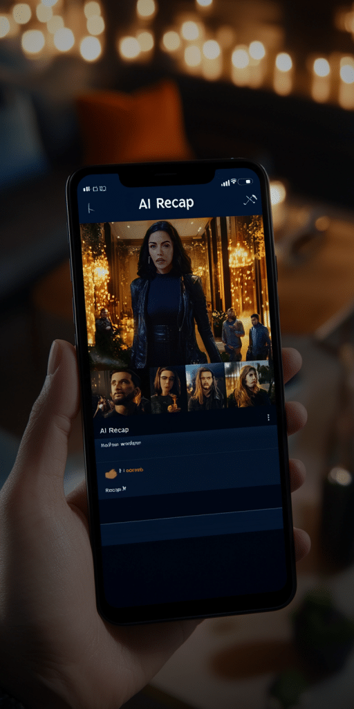 Ein Smartphone zeigt eine KI-Recap-App mit Bildvorschauen und Informationen, gehalten in einer Hand in einer gemütlich beleuchteten Umgebung.
