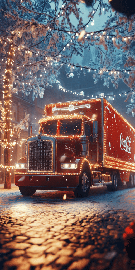 Der festlich beleuchtete Coca-Cola Weihnachtstruck fährt durch eine verschneite Straße, umgeben von glitzernden Lichterketten und schneebedeckten Bäumen.