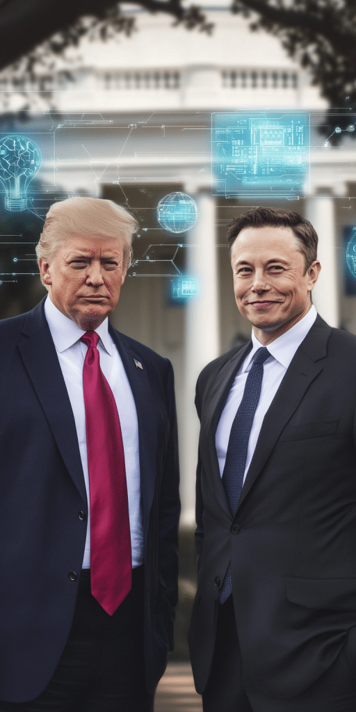 Zwei Geschäftsleute stehen draußen vor einem Gebäude, umgeben von einem digitalen Overlay, das futuristische Technologie darstellt.