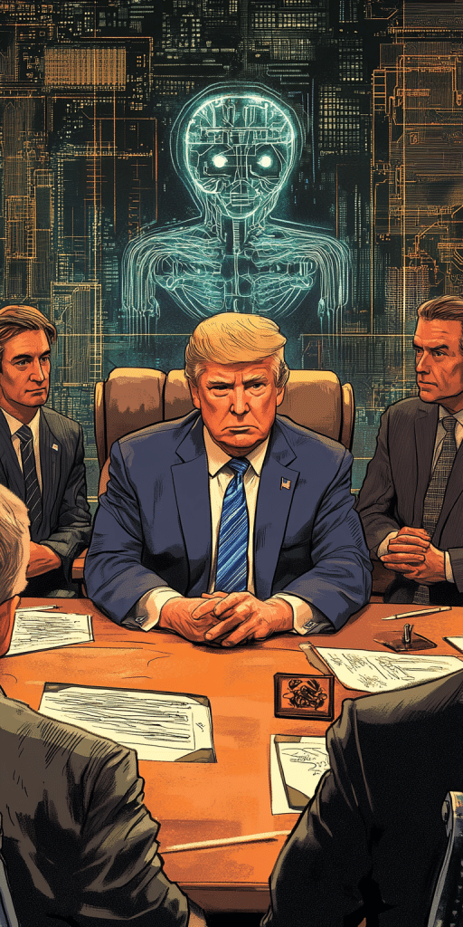 Ein strategisches Treffen mit mehreren Personen am Tisch, darunter ein Mann im Anzug. Im Hintergrund ist ein digitales Overlay eines leuchtenden KI-Skeletts zu sehen.