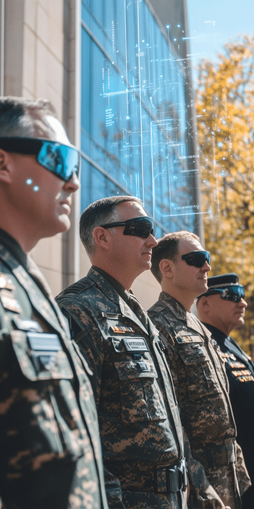 Militärisches Personal in Uniformen steht draußen vor einem Gebäude und trägt futuristische Brillen, die digitale Daten als AR-Overlay anzeigen.