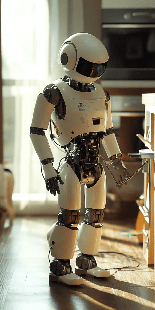 Ein humanoider Roboter steht in einer modernen Küche, beleuchtet durch natürliches Licht, und sieht aus, als würde er mit Haushaltsaufgaben beschäftigt sein.