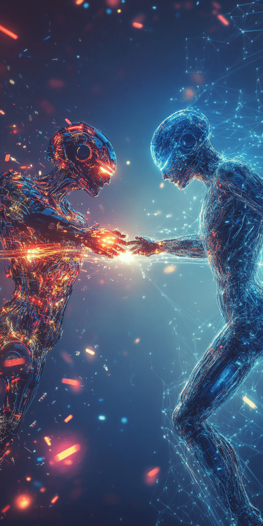 Zwei futuristische, leuchtende KI-Wesen aus Energie und Technologie berühren sich in einer funkelnden digitalen Umgebung.