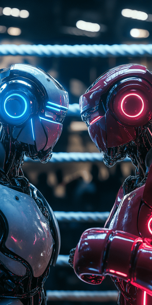 Zwei humanoide Roboter mit leuchtenden blauen und roten Akzenten stehen sich in einem futuristischen Ring gegenüber, bereit für einen technologischen Wettkampf.