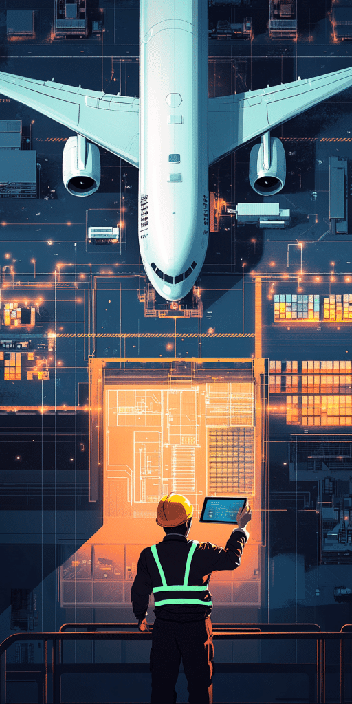 Ein Ingenieur mit Tablet steht vor einem Flugzeug und überwacht Wartungsprozesse, während ein digitales Overlay technische Daten zeigt.