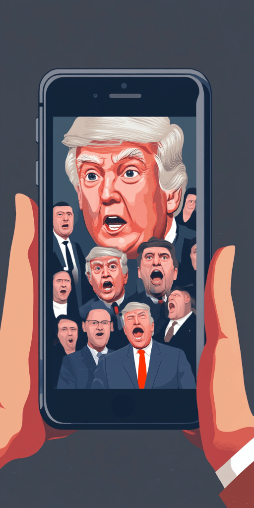Ein Smartphone in der Hand zeigt eine Karikatur mit mehreren Emotionen einer öffentlichen Figur, dargestellt in lebhaften Farben.