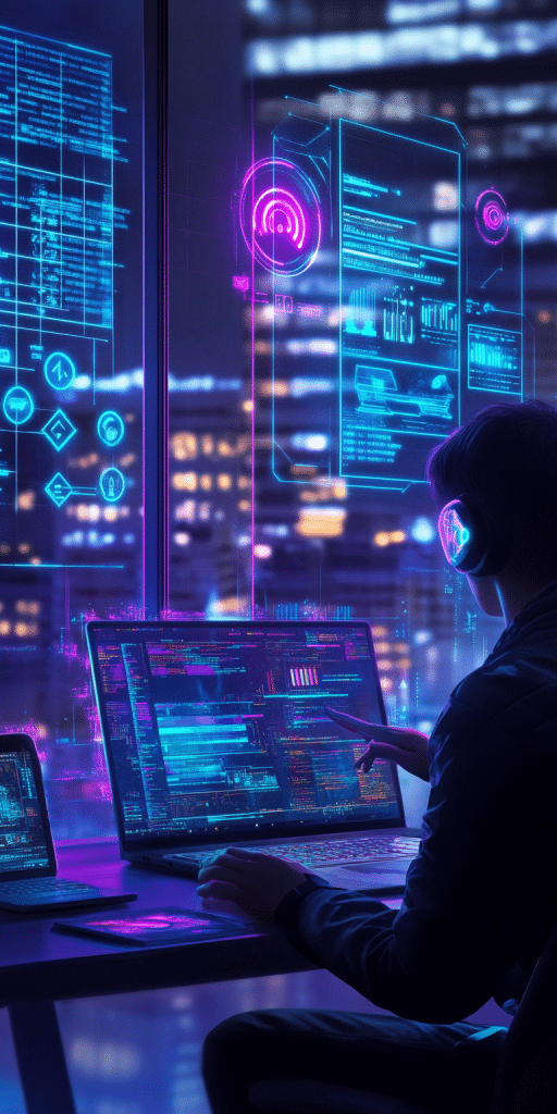 Ein Programmierer in einer futuristischen Cyber-Umgebung arbeitet an mehreren Bildschirmen mit holografischen Daten, umgeben von Stadtlichtern.