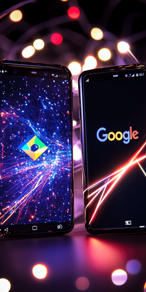 Zwei Smartphones nebeneinander, eines zeigt ein digitales Netzwerk und das andere das Google-Logo, umgeben von bunten Lichtern und futuristischen Effekten.
