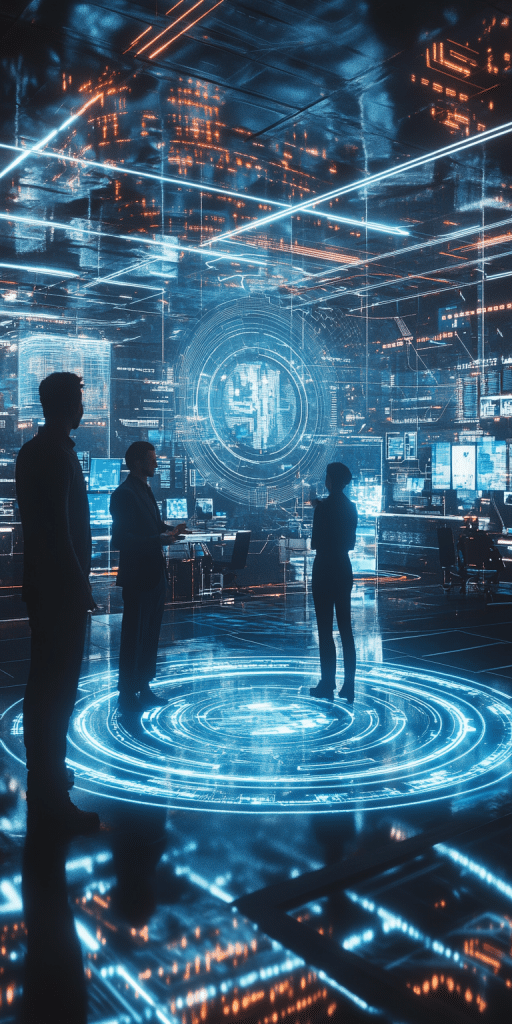 Ein futuristischer Konferenzraum mit leuchtenden holografischen Projektionen, umgeben von Bildschirmen und Personen, die in einer digitalen Umgebung arbeiten.