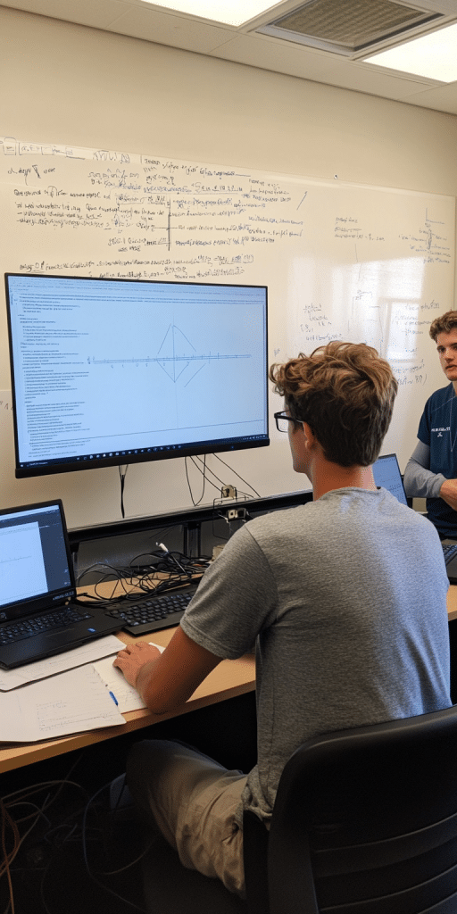 Zwei Studenten analysieren Daten auf einem großen Bildschirm, umgeben von Notizen und Diagrammen an einer weißen Tafel.