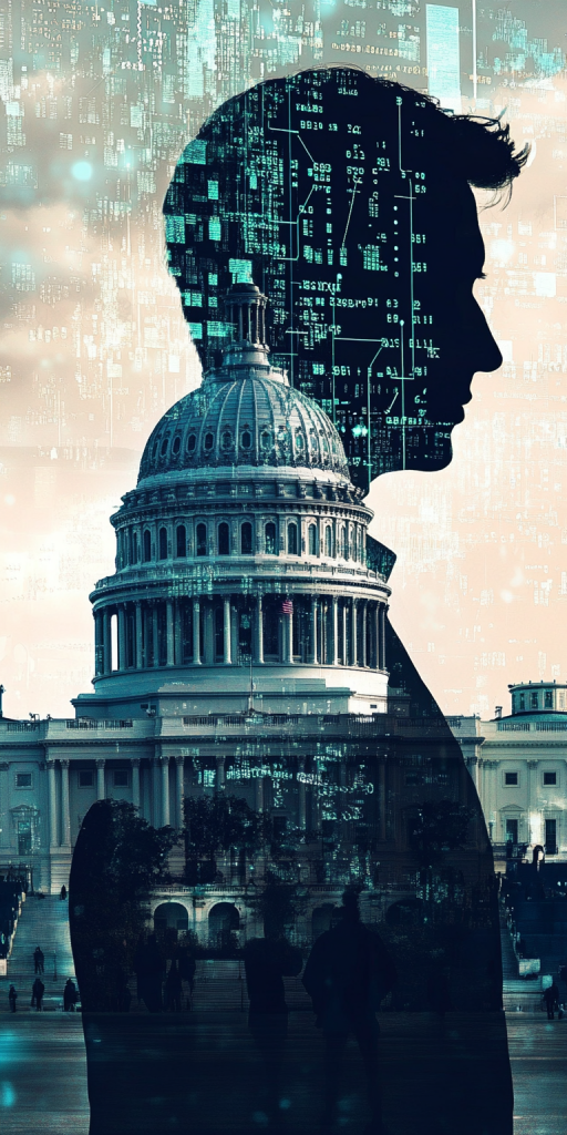 Eine Silhouette eines Mannes mit digitalen Datenüberlagerungen vor dem Hintergrund des Kapitols in Washington D.C.
