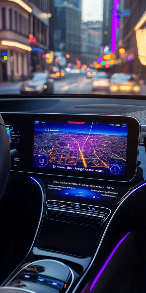 Eine Innenansicht eines Fahrzeugs mit einem hochauflösenden Navigationsdisplay, das eine leuchtende Stadtkarte und virtuelle Hinweise zeigt.