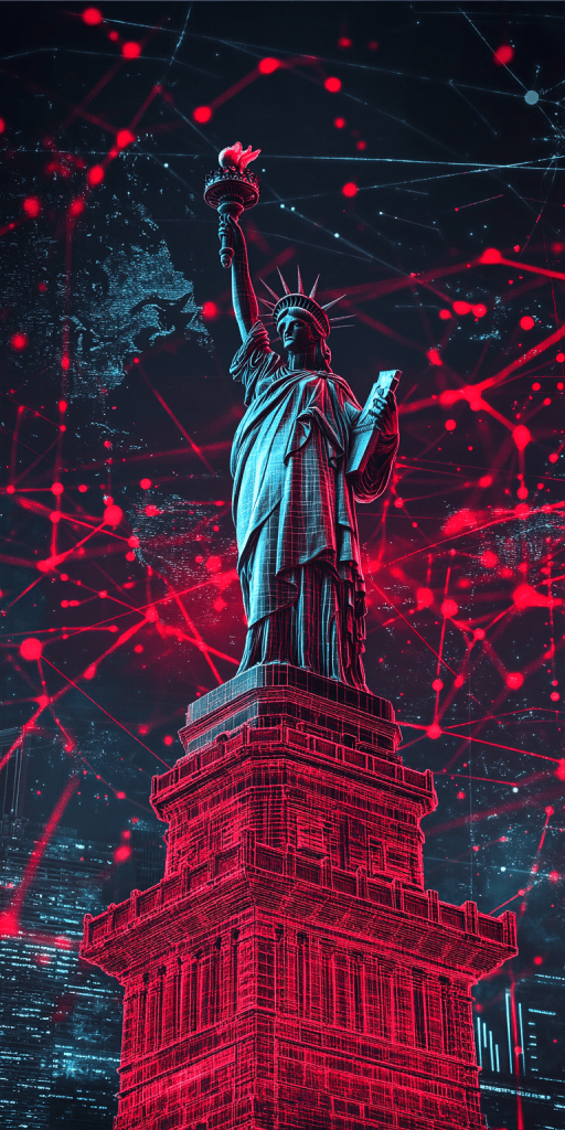 Freiheitsstatue mit digitalem, rot-blauem Cybernetz und futuristischem Hintergrund.