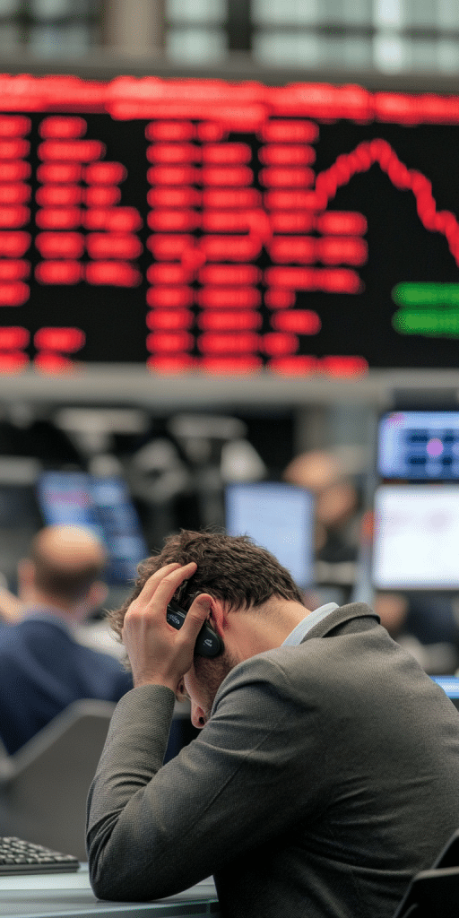 Gestresster Trader im Anzug hält den Kopf in den Händen vor einer roten Kursanzeige.
