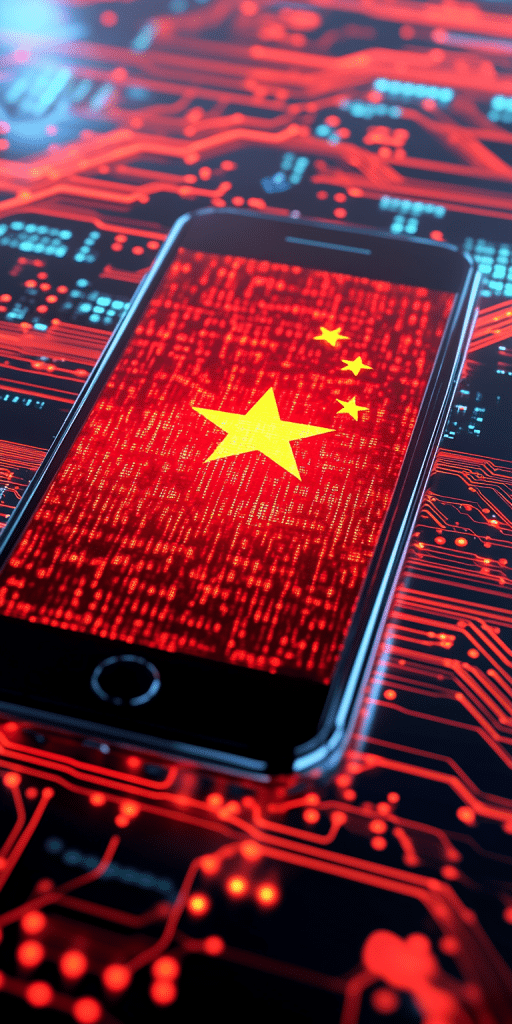 Smartphone mit digitaler chinesischer Flagge auf einem rot leuchtenden Schaltkreis-Hintergrund.