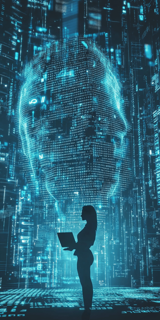 Eine Frau mit Laptop steht in einer futuristischen, digitalen Umgebung. Vor ihr erscheint ein riesiges holografisches Gesicht, das aus leuchtenden Datenströmen besteht.