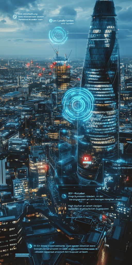 Eine nächtliche Stadtansicht mit futuristischen Gebäuden, holografischen Markierungen und KI-Symbolen, die innovative Technologien darstellen.