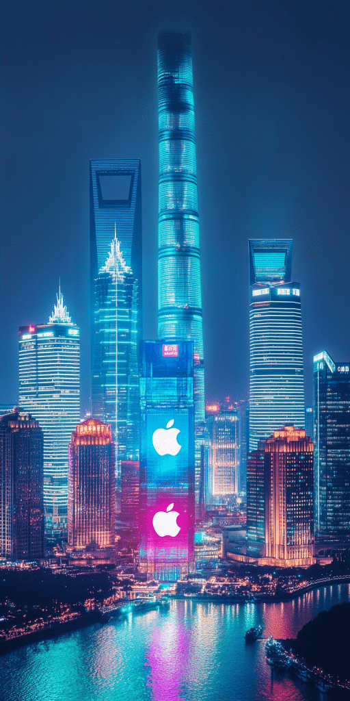 Ein modernes Stadtpanorama von Shanghai mit futuristischen Hochhäusern, eines davon mit einem leuchtenden Apple-Logo.