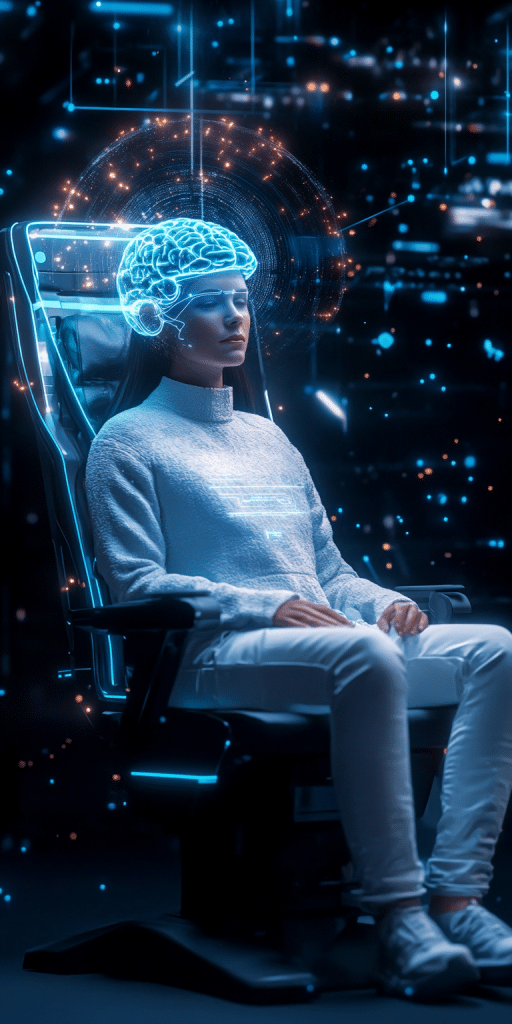 Eine Frau sitzt in einem futuristischen Stuhl, während ein leuchtendes holografisches Gehirninterface über ihrem Kopf projiziert wird. Die Umgebung ist dunkel mit schwebenden Datenpunkten.