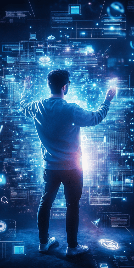 Ein Mann interagiert mit einer leuchtenden, holografischen Benutzeroberfläche in einer futuristischen digitalen Umgebung.