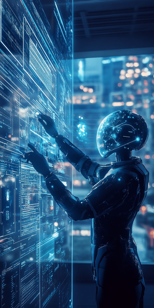 Ein futuristischer humanoider Roboter mit High-Tech-Helm arbeitet an einer holografischen Benutzeroberfläche.