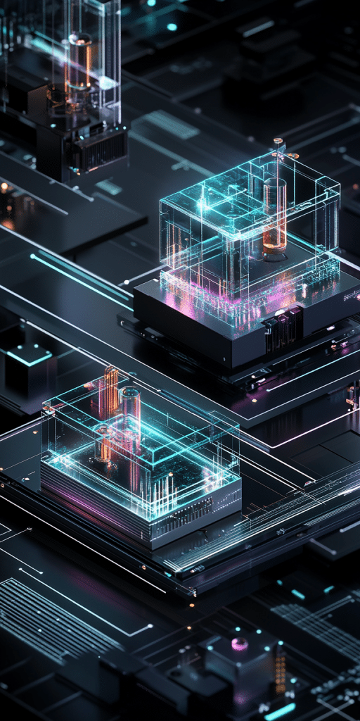 Futuristische, transparente Computerchips auf einer Hochleistungs-Schaltplatte mit leuchtenden Datenströmen.
